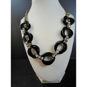 J Crew Chunky‎ Black Oval Link Statement Necklace with Rhinestone Accents